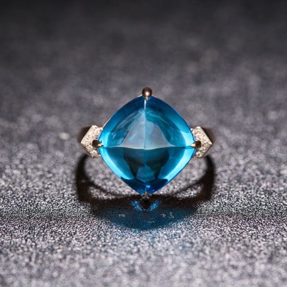 14k Gold 12.6 Ct Natural Topaz & Diamond Ring: Ref:231116010 // gold content:14k gold // ring size:7. 25us // // main gemstone:topaz // shape:sugar-loaf // carat weight:12. 6ct // color:blue // treatment:natural // // adjacent gemstone 2 : diamond