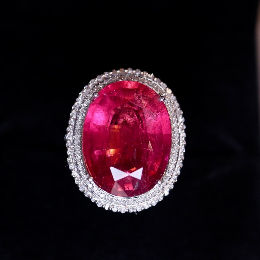 14k Gold 10.55 Ct Natural Tourmaline & Diamond Ring/pendant( Without Chain ): Ref:231116014 // gold content:14k gold // ring size:7. 25us // // main gemstone:tourmaline // shape:oval // carat weight:10. 55ct // color:red // treatment:natural // // adjacent gemstone 2 :
