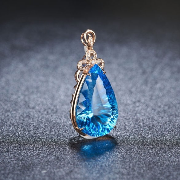 14k Gold 24 Ct Natural Topaz & Diamond Pendant( Without Chain ) - 2