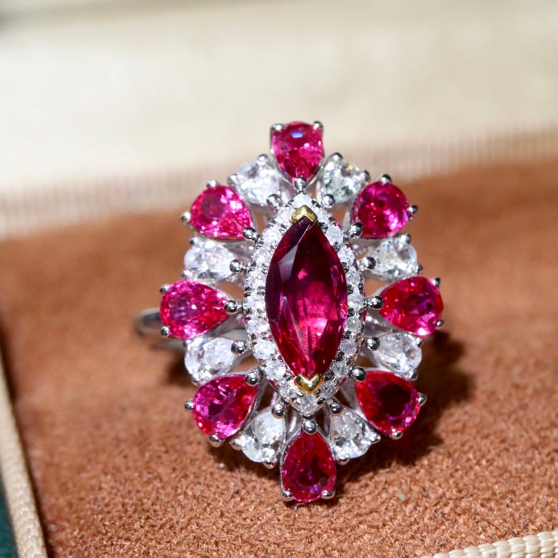 14k Gold 2.33 Ctw Natural Ruby & Ruby Ring: Ref:231116032 // gold content:14k gold // ring size:7. 25us // // main gemstone:ruby // shape:marquise // carat weight:0. 76ct // color:red // treatment:natural // // adjacent gemstone 2 : ruby // sha