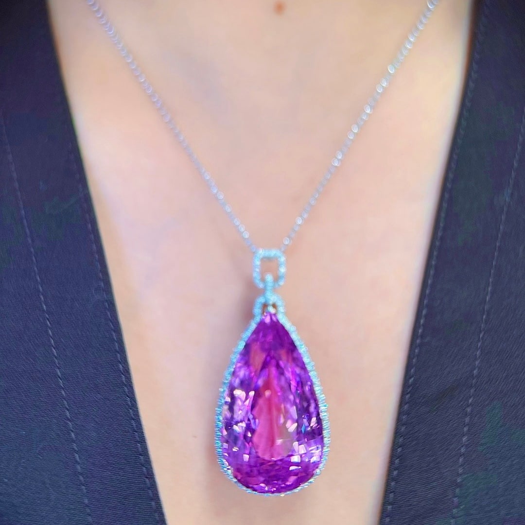 14k Gold 128.88 Ctw Natural Kunzite & Diamond Pendant( Without Chain ) - 7