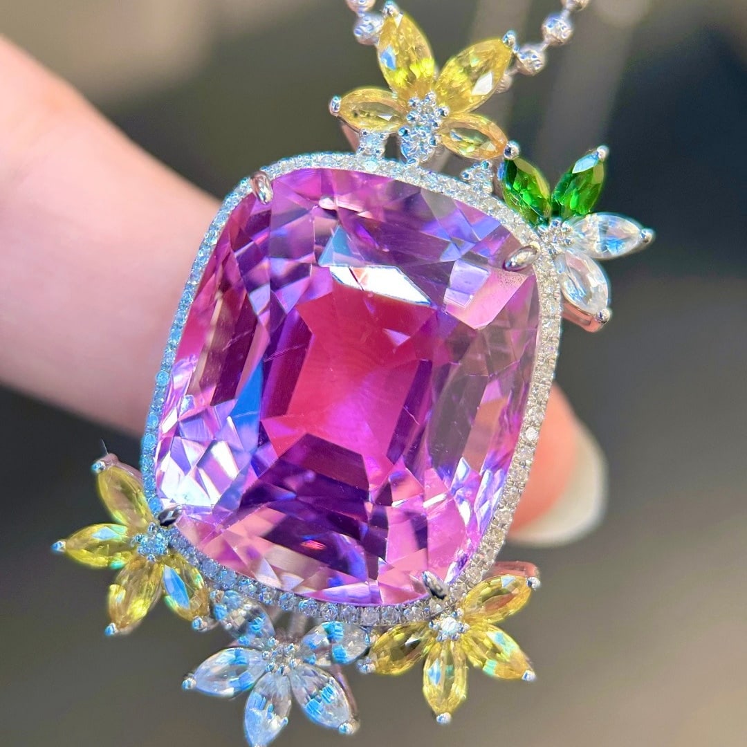 14k Gold 34.86 Ctw Natural Kunzite & Diamond Pendant( Without Chain ) - 2