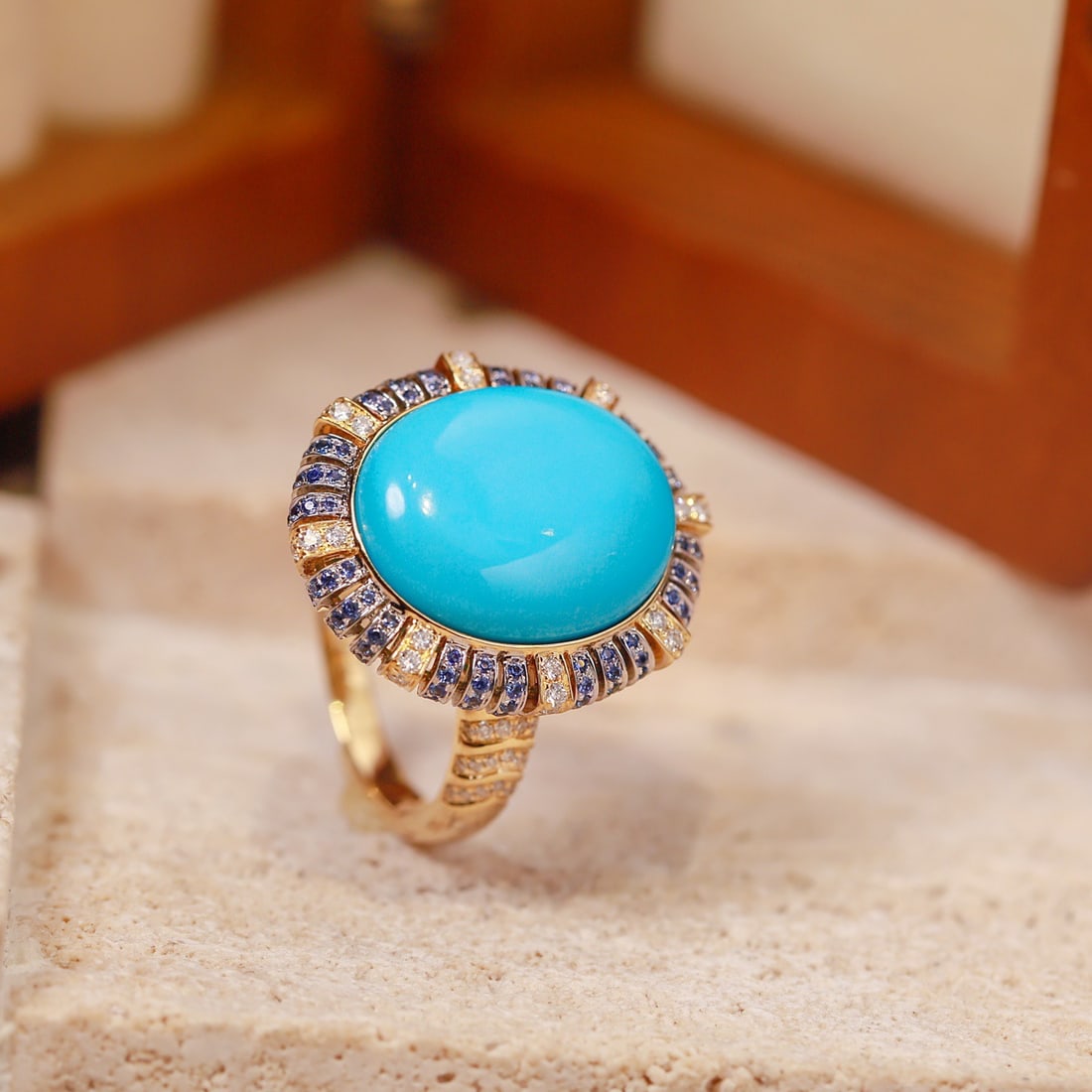 14k Gold 7.33 Ctw Natural Blue Turquoise & Diamond Ring - 6
