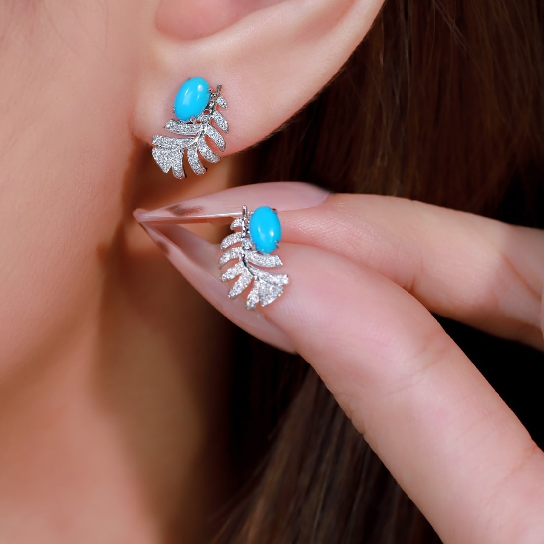 14k Gold 1.05 Ctw Natural Blue Turquoise & Diamond Earrings - 2