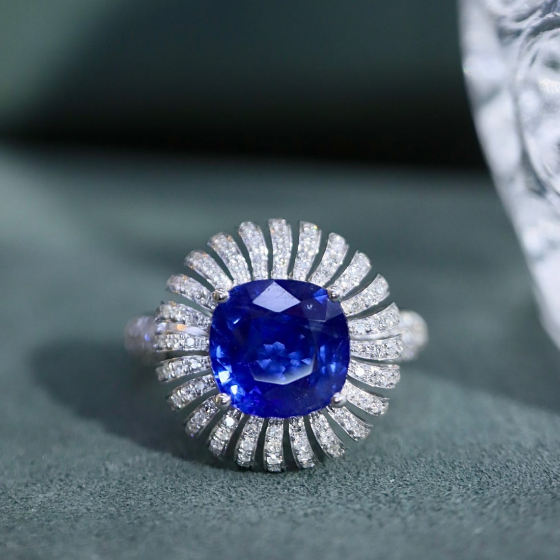 14k Gold 3.52 Ctw Natural Sapphire & Diamond Ring: Ref:231116107 // gold content:14k gold // ring size:7. 25us // // main gemstone:sapphire // shape:cushion // carat weight:3. 15ct // color:blue // treatment:natural // // adjacent gemstone 2 :