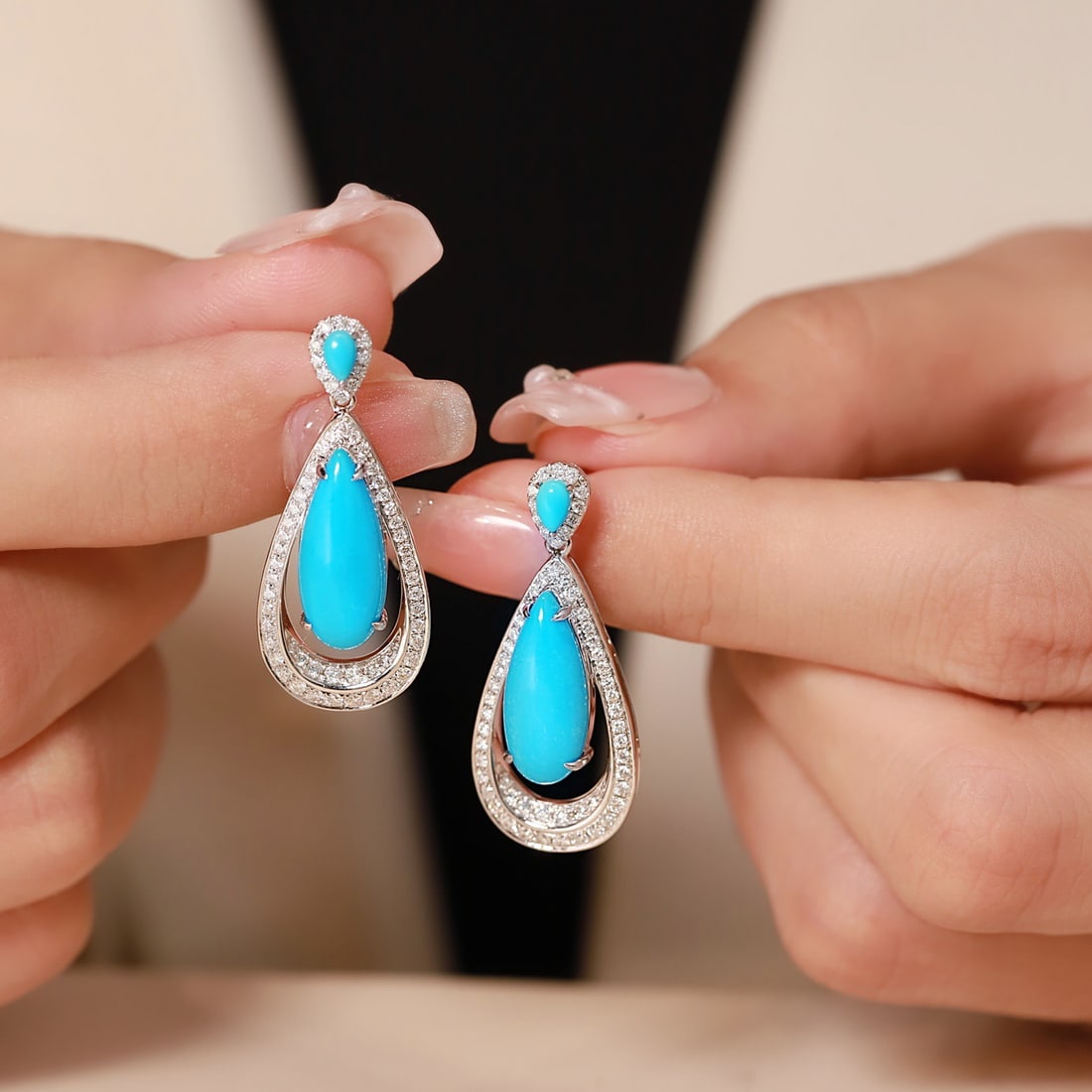 14k Gold 7.47 Ctw Natural Blue Turquoise & Diamond Earrings - 4