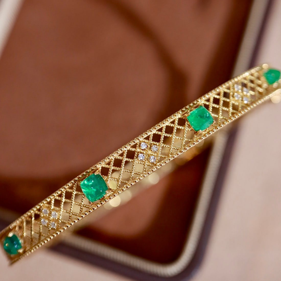 14k Gold 2.98 Ctw Natural Emerald & Diamond Bangle (1 of 7)