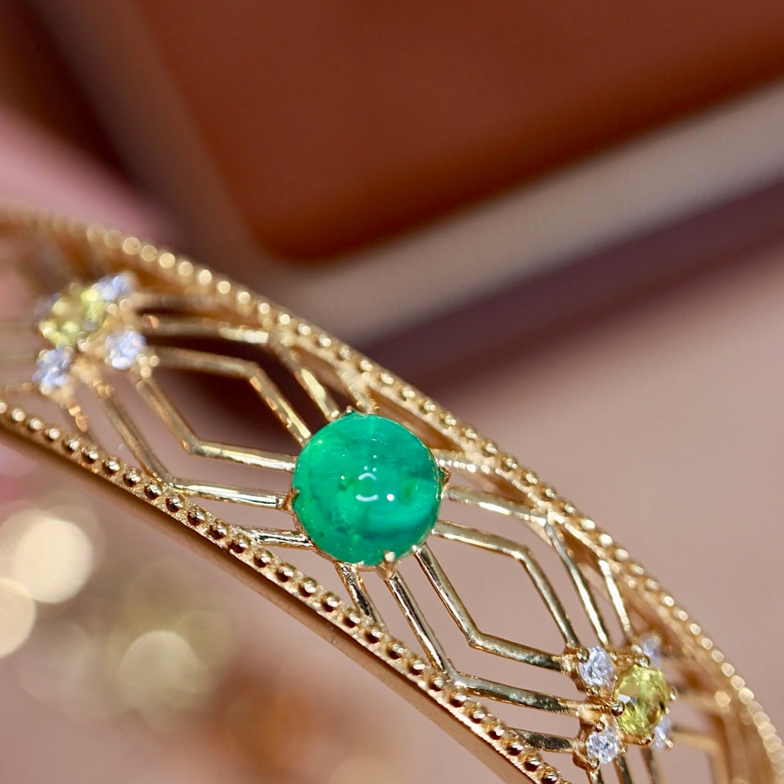 14k Gold 3.81 Ctw Natural Emerald & Diamond Bangle - 7