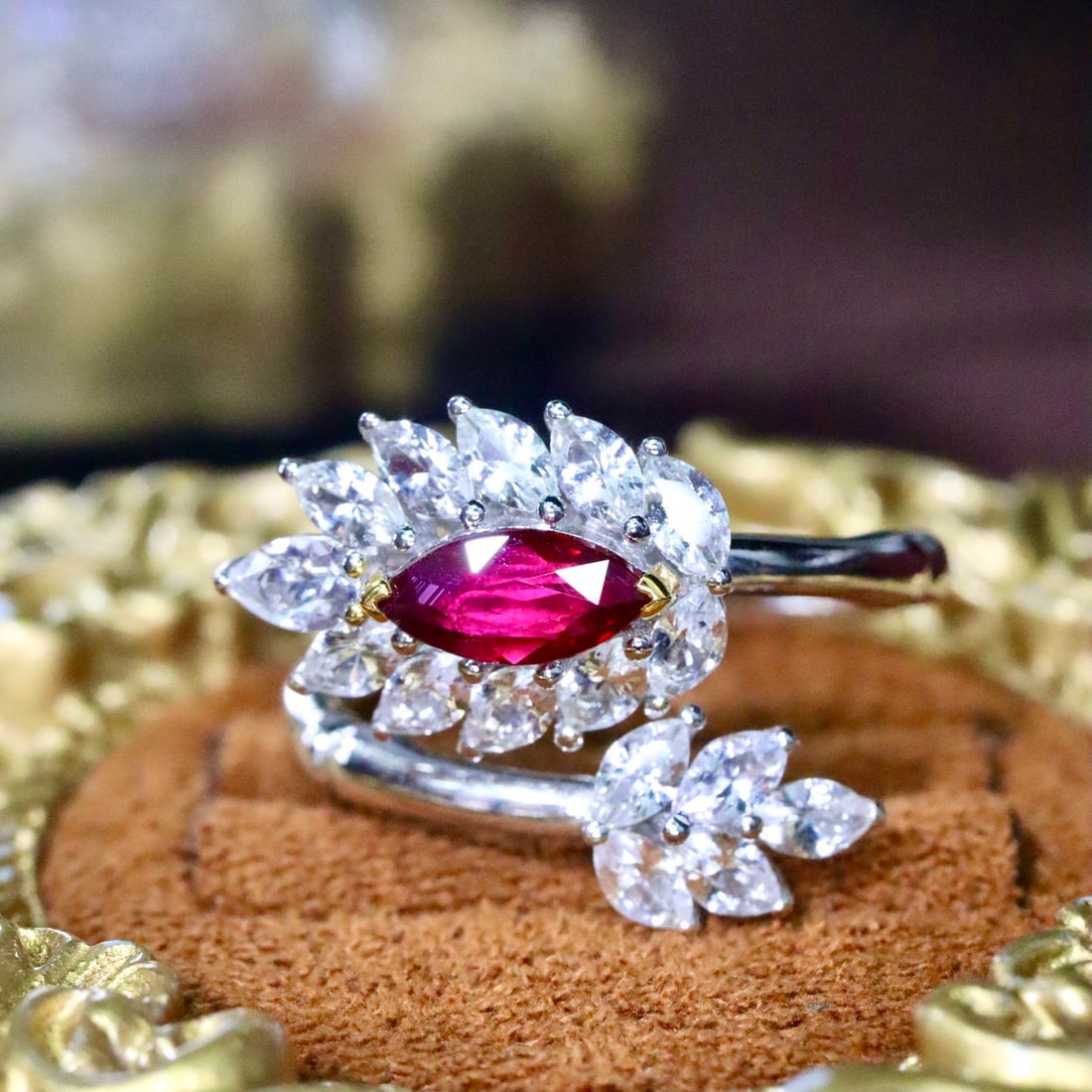 14k Gold 1.69 Ctw Natural Ruby & Sapphire Ring: Ref:231116165 // gold content:14k gold // ring size:7. 25us // // main gemstone:ruby // shape:marquise // carat weight:0. 48ct // color:red // treatment:natural // // adjacent gemstone 2 : sapphire //