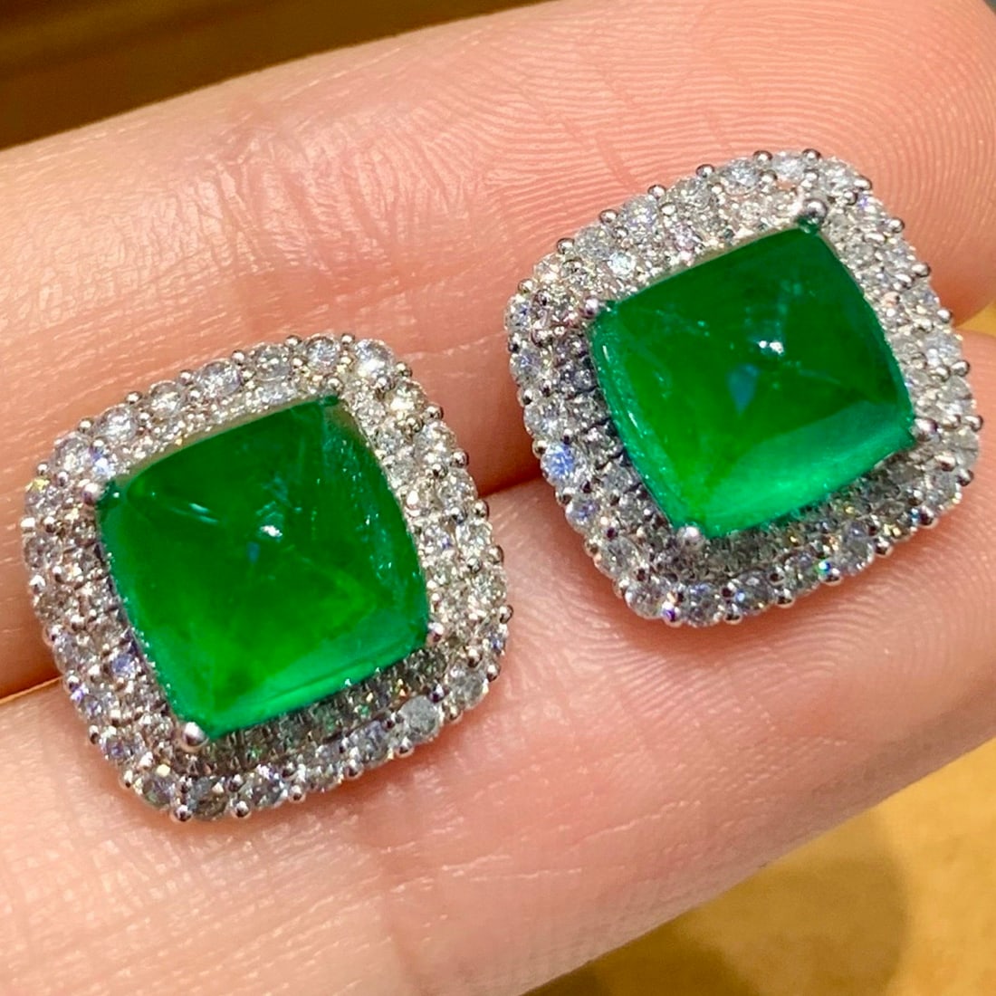 14k Gold 5.2 Ct Vivid Green Natural Emerald & Diamond Earrings - 2
