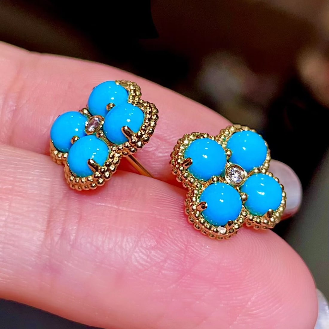 14k Gold 2.35 Ctw Natural Blue Turquoise & Diamond Earrings - 3