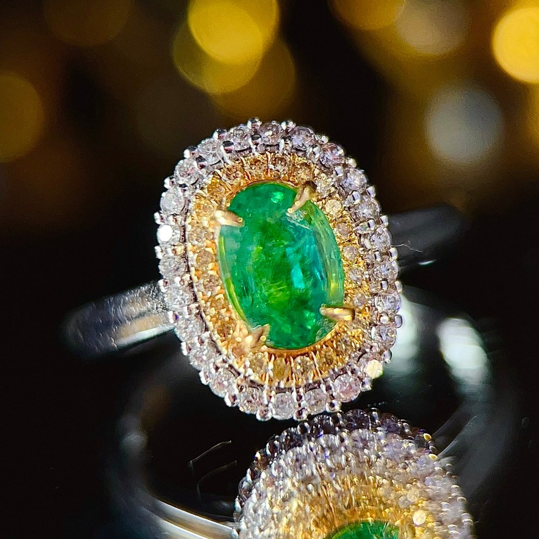 14k Gold 0.7 Ct Natural Emerald & Diamond Ring: Ref:231116179 // gold content:14k gold // ring size:7. 25us // // main gemstone:emerald // shape:oval // carat weight:0. 7ct // color:green // treatment:natural // // adjacent gemstone 2 : diamond //