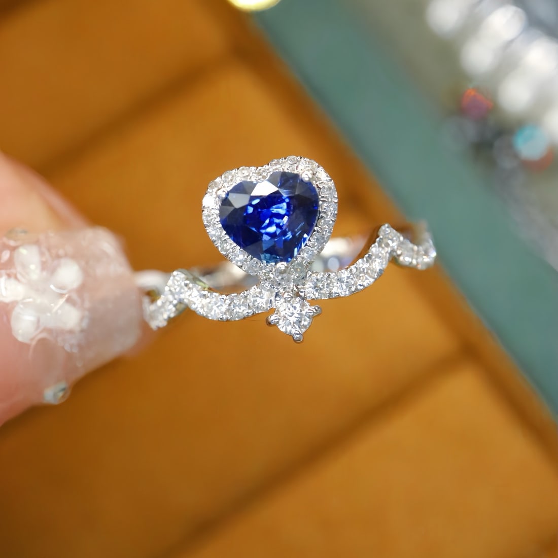 14k Gold 0.94 Ctw Natural Sapphire & Diamond Ring: Ref:231116181 // gold content:14k gold // ring size:7. 25us // // main gemstone:sapphire // shape:heart // carat weight:0. 62ct // color:royal blue // treatment:natural // // adjacent gemstone 2 :