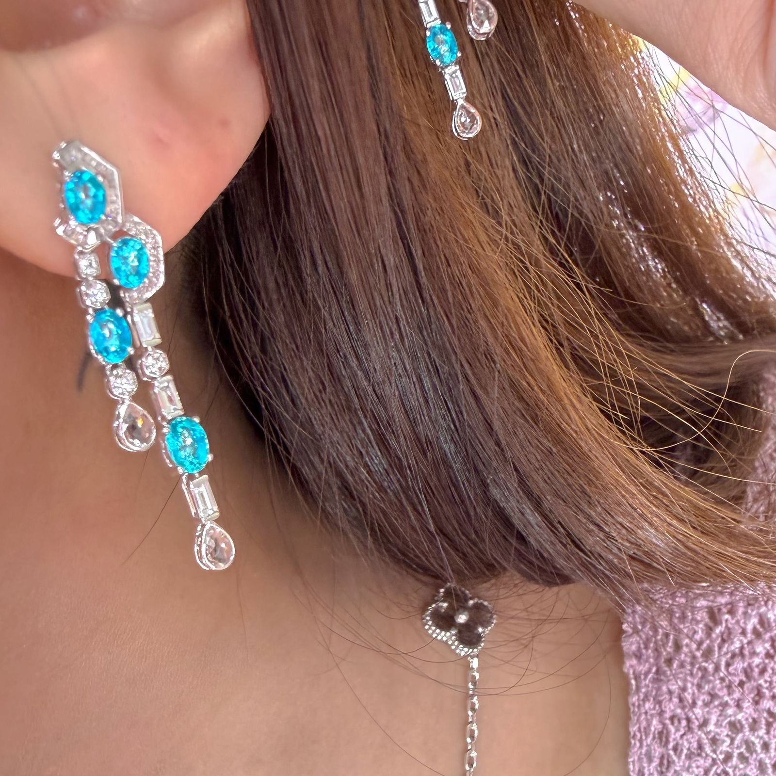 14k Gold 1.55 Ct Natural Paraiba Tourmaline & Diamond Earrings - 2