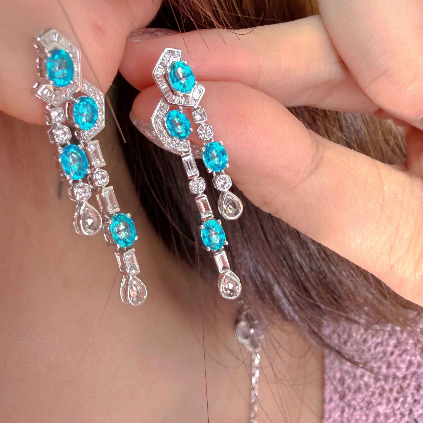 14k Gold 1.55 Ct Natural Paraiba Tourmaline & Diamond Earrings - 3