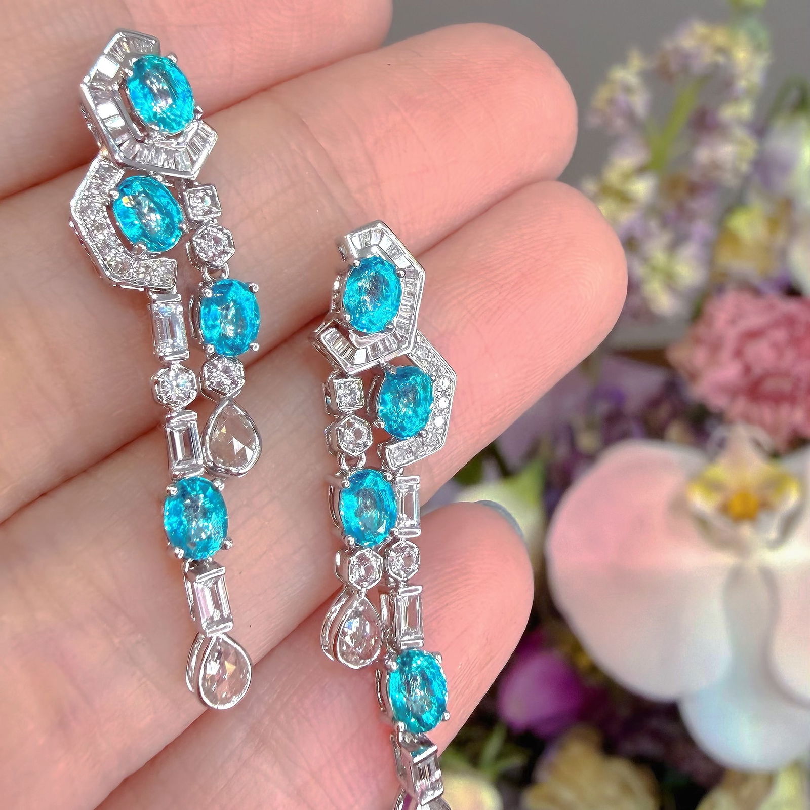 14k Gold 1.55 Ct Natural Paraiba Tourmaline & Diamond Earrings - 5