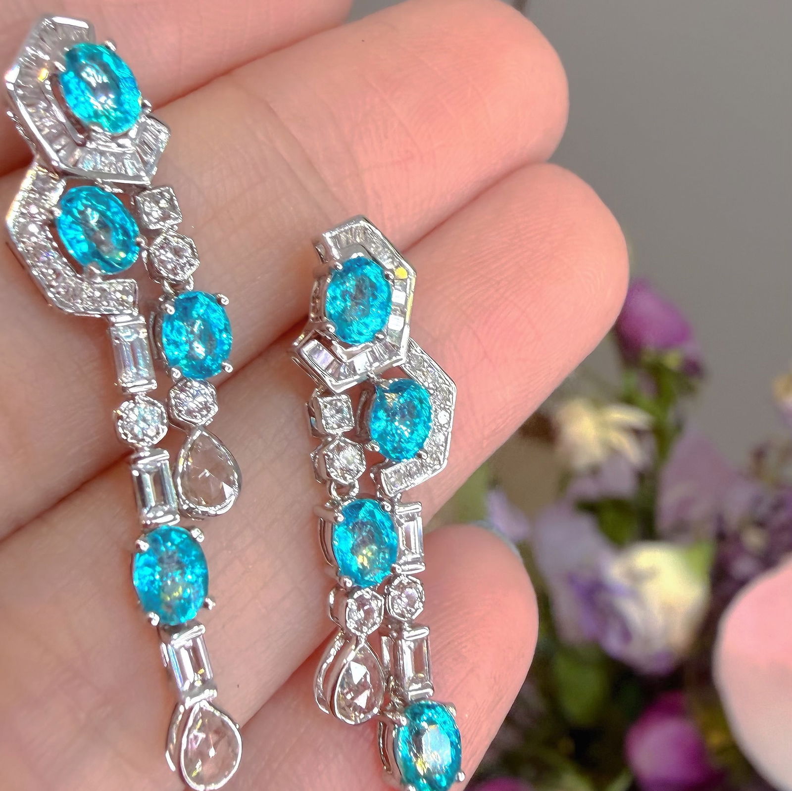 14k Gold 1.55 Ct Natural Paraiba Tourmaline & Diamond Earrings - 6