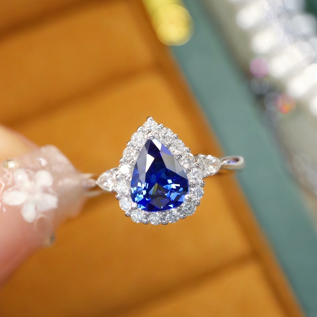 14k Gold 1.47 Ctw Natural Sapphire & Diamond Ring: Ref:231116193 // gold content:14k gold // ring size:7. 25us // // main gemstone:sapphire // shape:pear // carat weight:1. 09ct // color:royal blue // treatment:natural // // adjacent gemstone 2 : diam