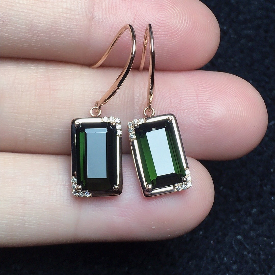 14k Gold 4.36 Ct Natural Tourmaline & Diamond Earrings - 2