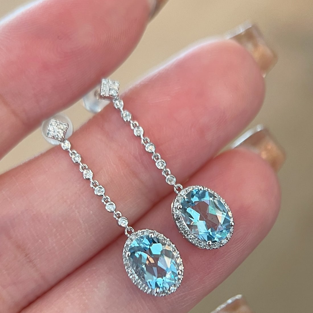 14k Gold 2 Ct Natural Aquamarine & Diamond Earrings - 2