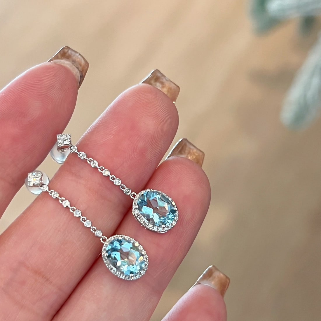 14k Gold 2 Ct Natural Aquamarine & Diamond Earrings - 5