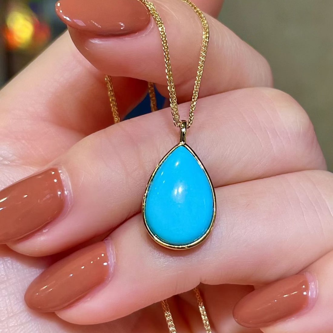 14k Gold 3.87 Ct Natural Blue Turquoise Pendant( Without Chain ): Ref:231116209 // gold content:14k gold // main gemstone:blue turquoise // shape:pear // carat weight:3. 87ct // color:blue // treatment:natural // Condition: NewLow Estimate: 1500.00High Estimate: