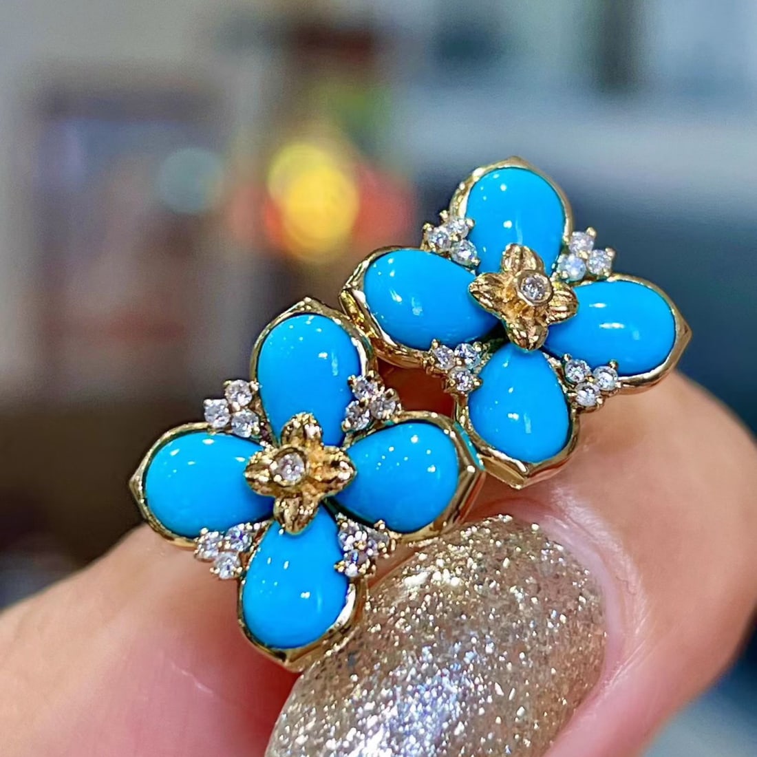 14k Gold 3.41 Ctw Natural Blue Turquoise & Diamond Earrings: Ref:231116218 // gold content:14k gold // main gemstone:blue turquoise // shape:pear // carat weight:3. 28ct // color:blue // treatment:natural // // adjacent gemstone 2 : diamond // shape:round // ca