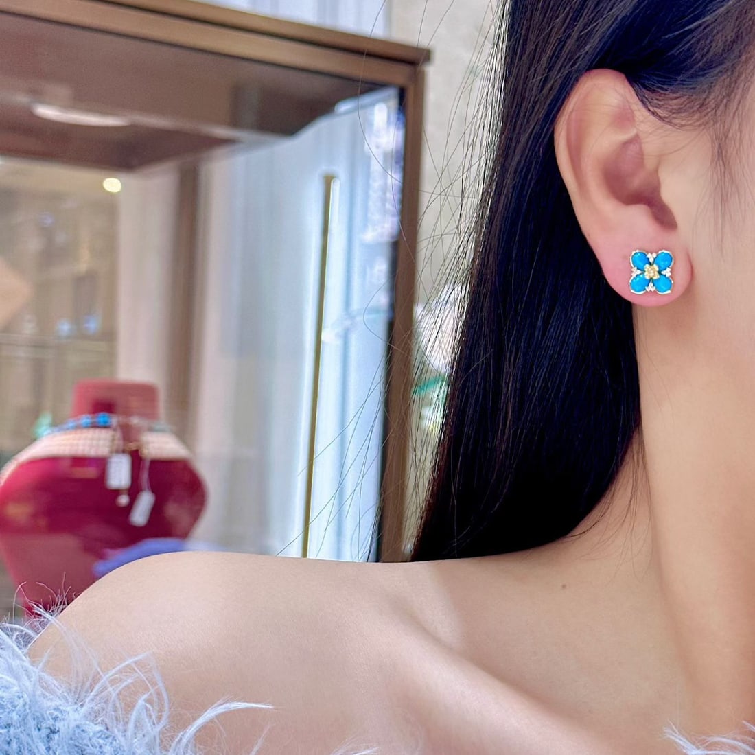 14k Gold 3.41 Ctw Natural Blue Turquoise & Diamond Earrings - 2