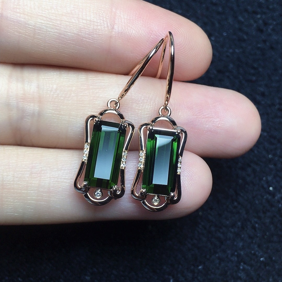 14k Gold 4.82 Ct Natural Tourmaline & Diamond Earrings - 2