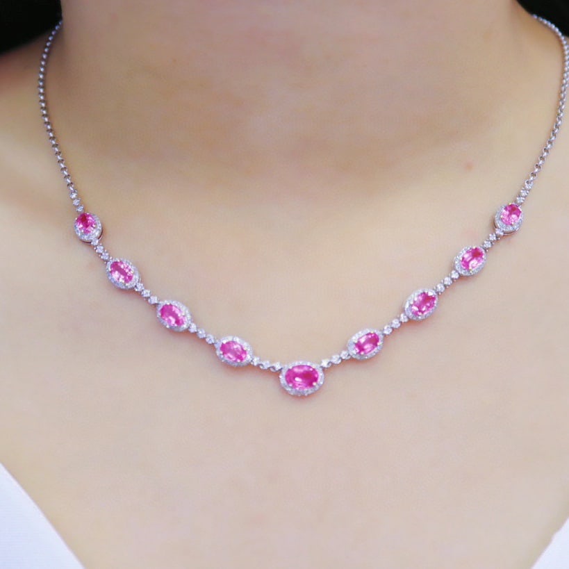 14k Gold 6.23 Ctw Natural Padparadscha Sapphire & Diamond Necklace - 3