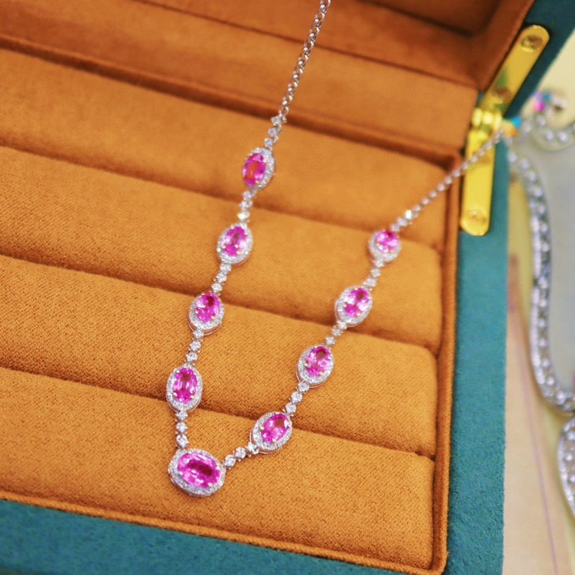 14k Gold 6.23 Ctw Natural Padparadscha Sapphire & Diamond Necklace - 5