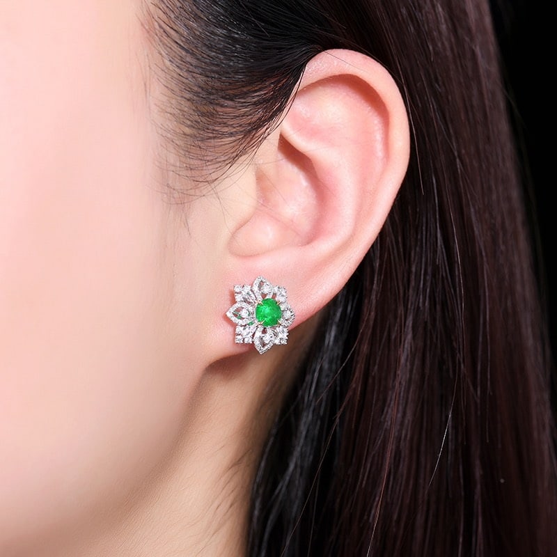 14k Gold 1.71 Ctw Vivid Green Natural Emerald & Diamond Earrings - 6