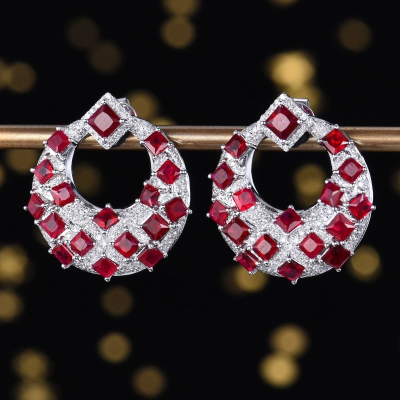 14k Gold 4.61 Ctw Natural Ruby & Diamond Earrings - 2