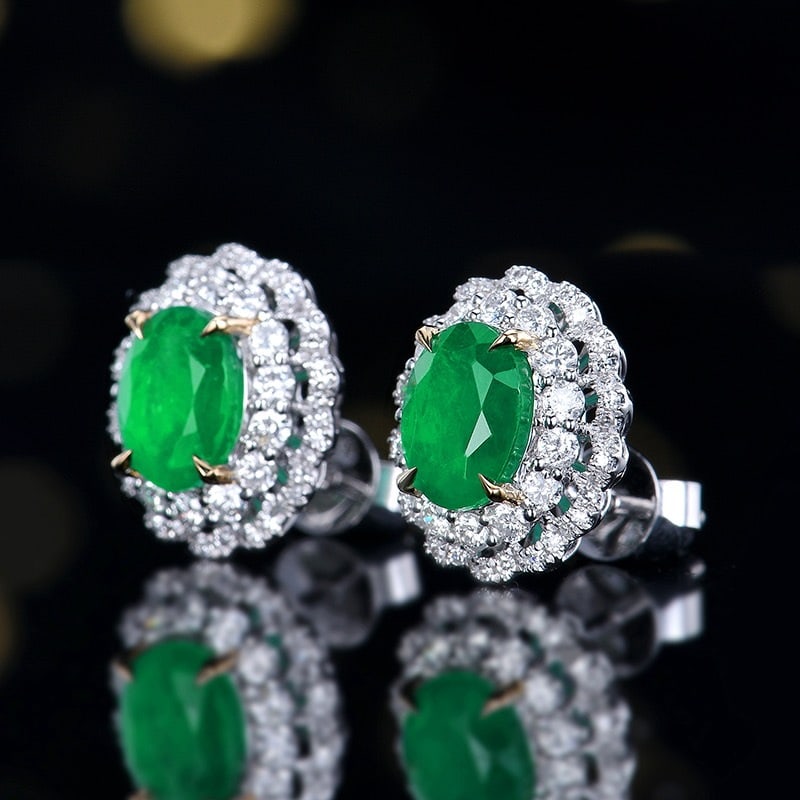 14k Gold 2.59 Ctw Vivid Green Natural Emerald & Diamond Earrings - 2