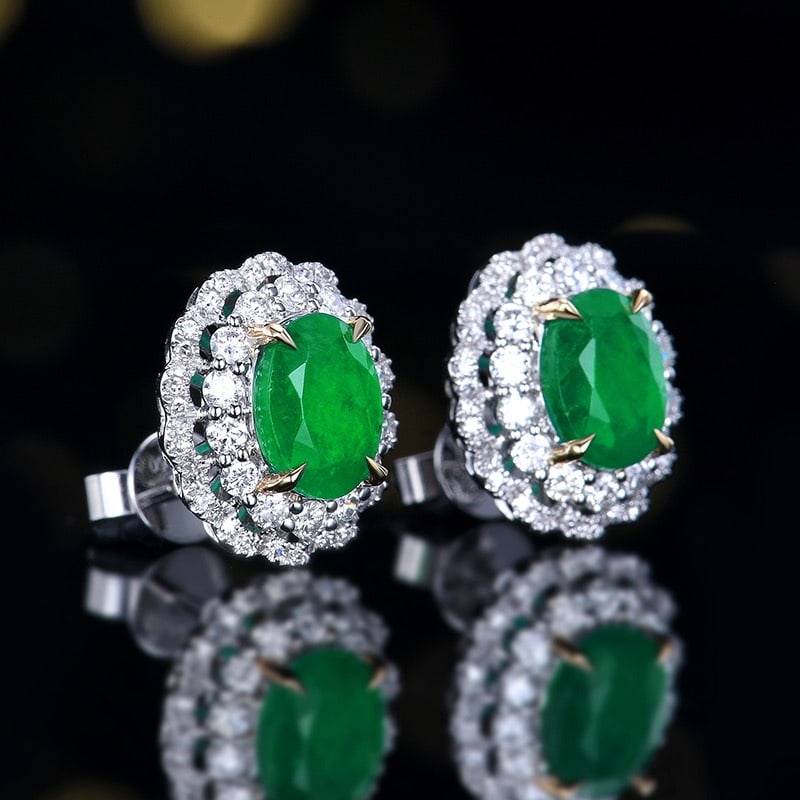 14k Gold 2.59 Ctw Vivid Green Natural Emerald & Diamond Earrings - 3