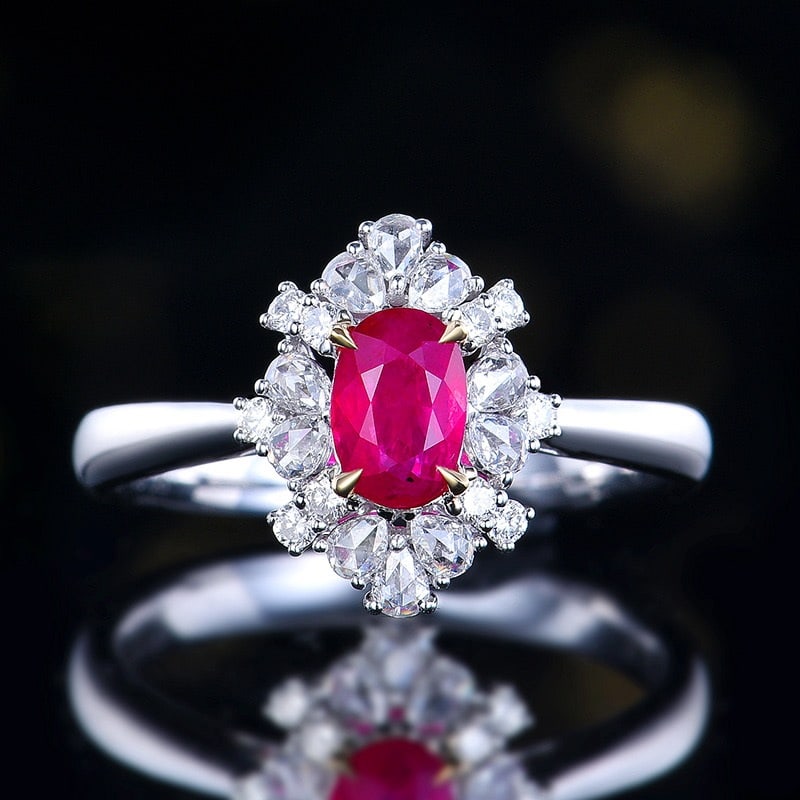 14k Gold 0.97 Ctw Natural Ruby & Diamond Ring: Ref:231116313 // gold content:14k gold // ring size:7. 25us // // main gemstone:ruby // shape:oval // carat weight:0. 62ct // color:red // treatment:natural // // adjacent gemstone 2 : diamond // numb