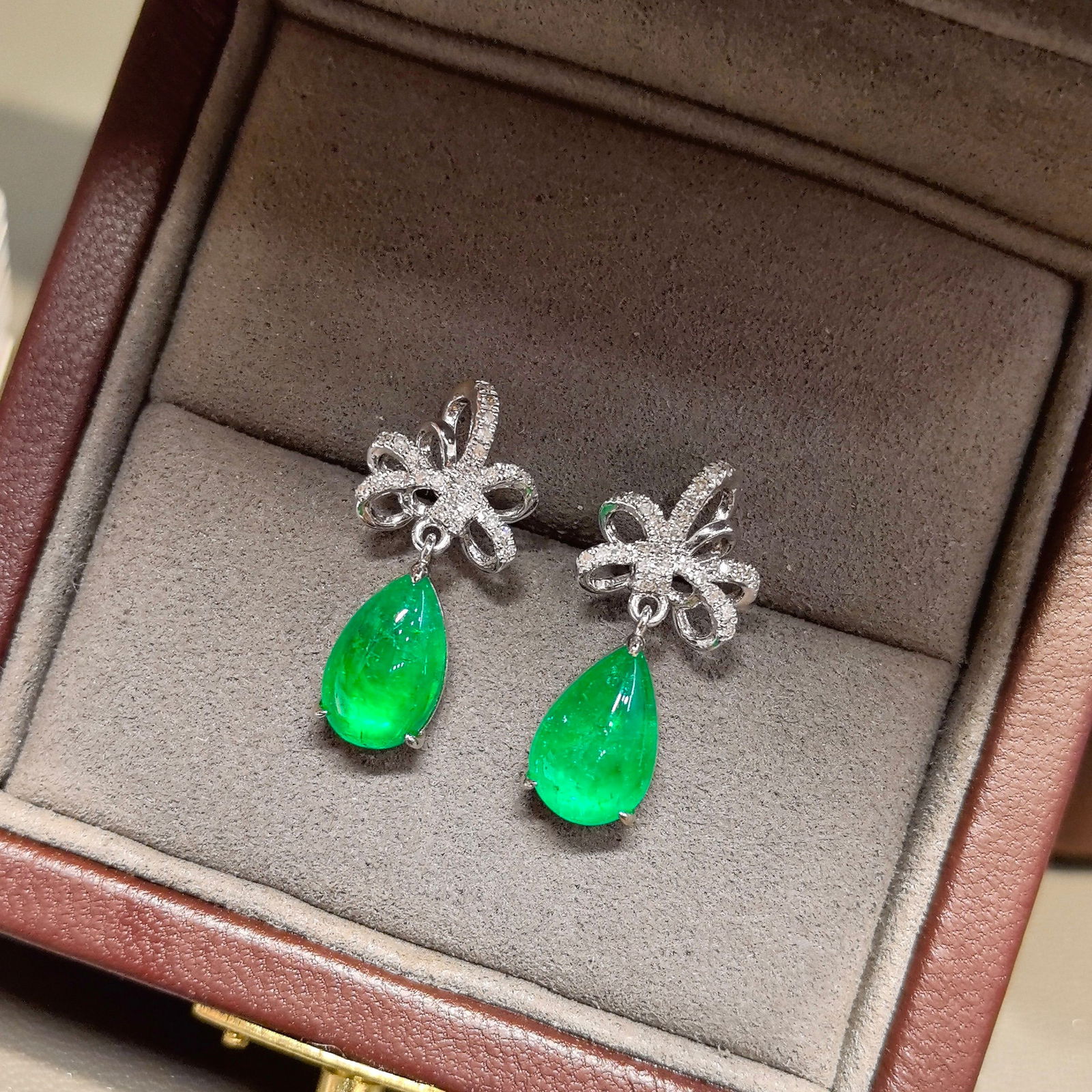 14k Gold 4.80 Ctw Vivid Green Natural Emerald & Diamond Earrings - 2