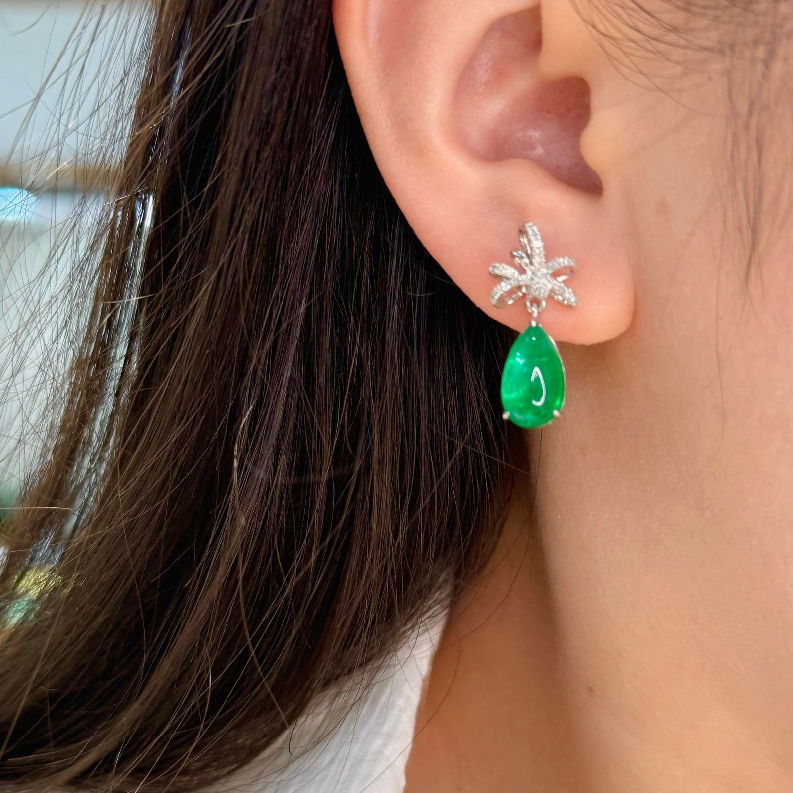 14k Gold 4.80 Ctw Vivid Green Natural Emerald & Diamond Earrings - 4