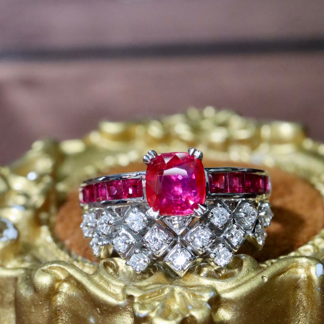14k Gold 1.80 Ctw Natural Ruby & Ruby Ring: Ref:231116350 // gold content:14k gold // ring size:7. 25us // // main gemstone:ruby // shape:cushion // carat weight:1. 12ct // color:red // treatment:natural // // adjacent gemstone 2 : ruby // shap