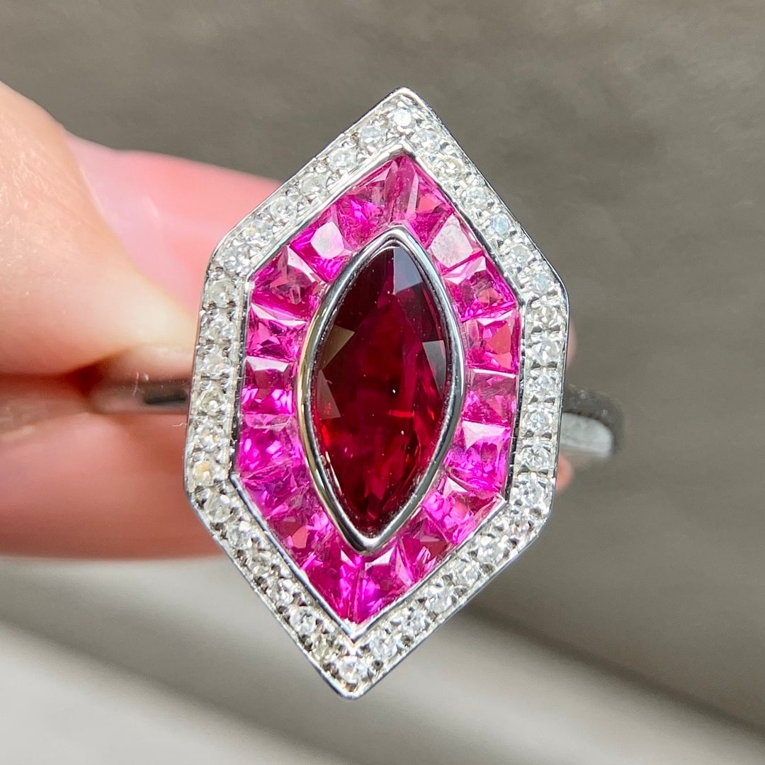 14k Gold 1.24 Ctw Natural Ruby & Ruby Ring: Ref:231116358 // gold content:14k gold // ring size:7. 25us // // main gemstone:ruby // shape:marquise // carat weight:1. 04ct // color:pigeonblood red // treatment:natural // // adjacent gemstone
