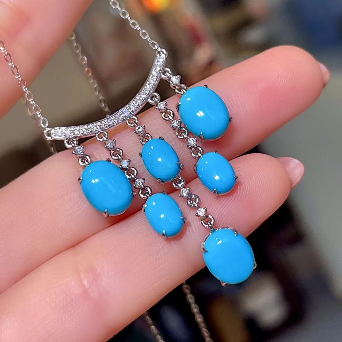 14k Gold 7.73 Ctw Natural Blue Turquoise & Diamond Necklace - 2