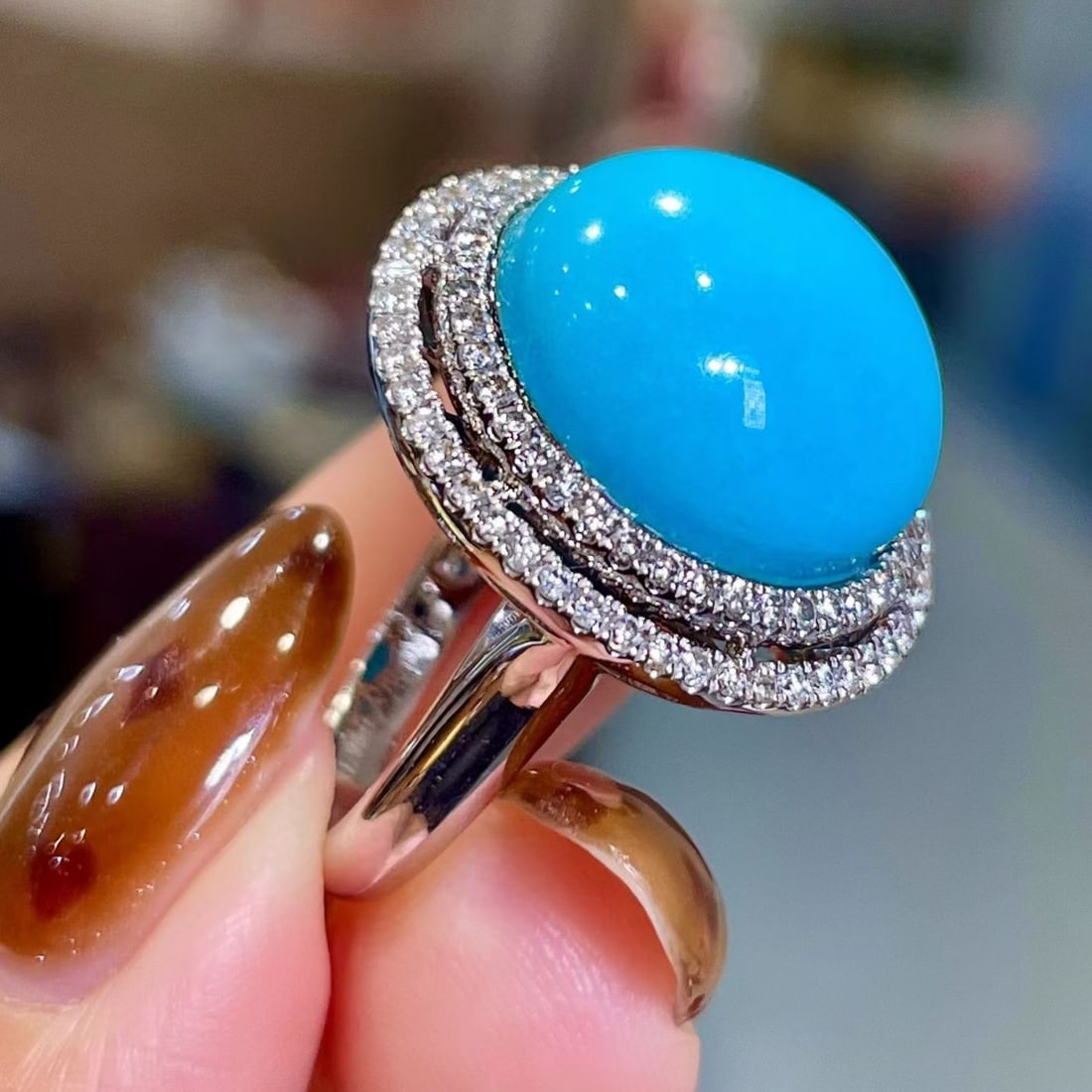 14k Gold 12.62 Ctw Natural Blue Turquoise & Diamond Ring - 2