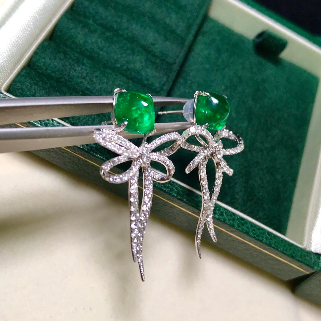 14k Gold 7.42 Ctw Vivid Green Natural Emerald & Diamond Earrings - 2