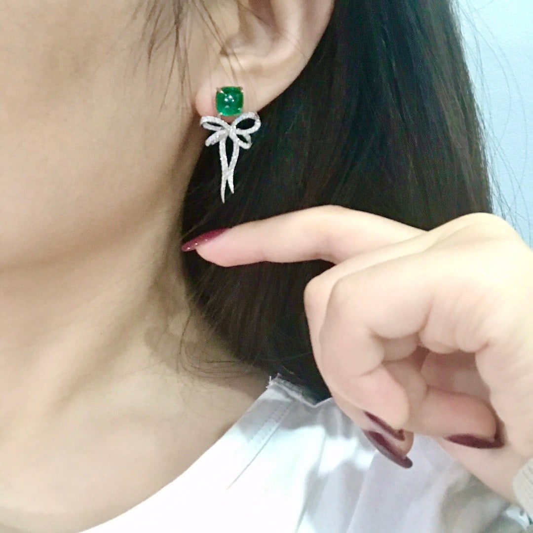 14k Gold 7.42 Ctw Vivid Green Natural Emerald & Diamond Earrings - 5