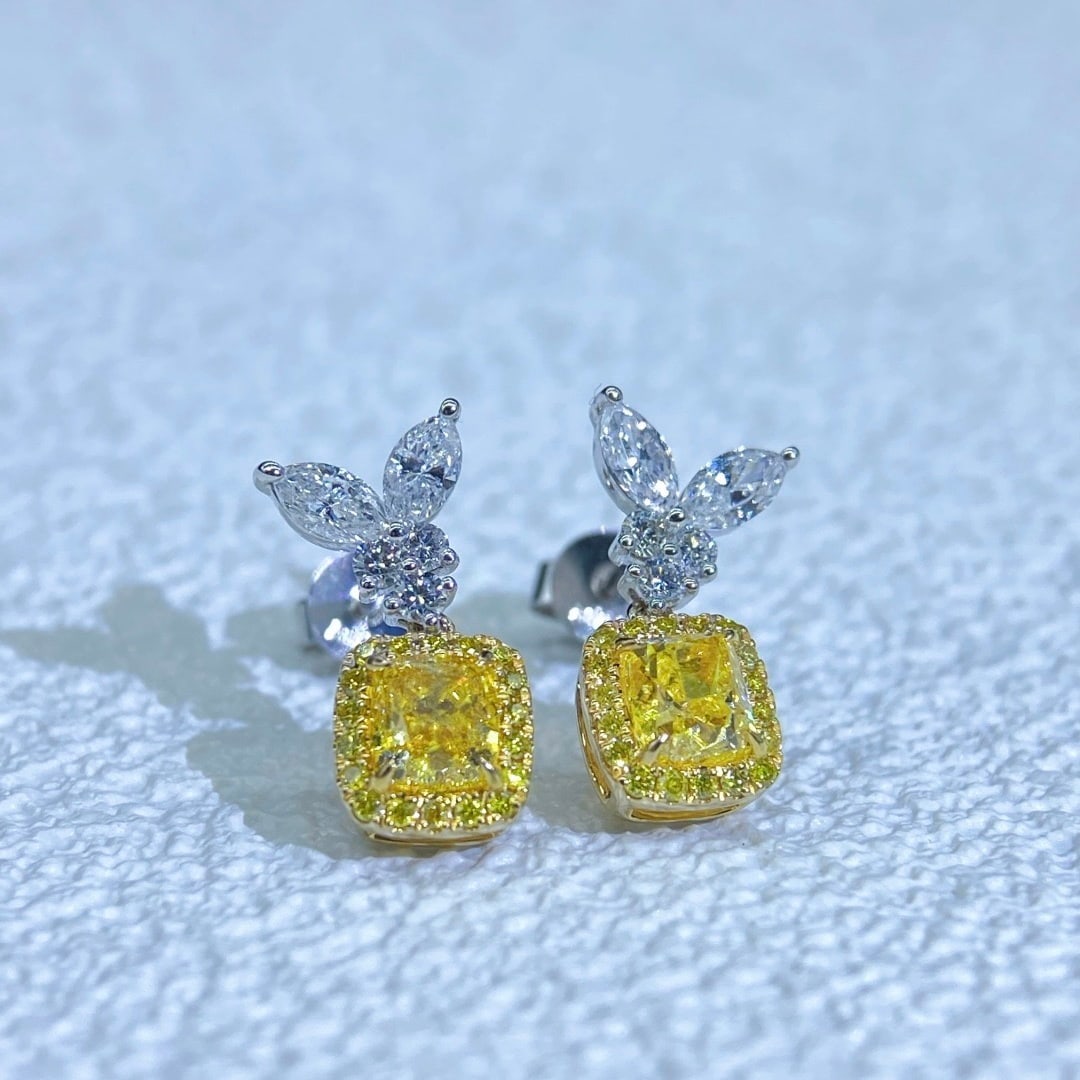 14k Gold 1.95 Ctw Natural Yellow Diamond & Diamond Earrings: Ref:231116394 // gold content:14k gold // main gemstone:yellow diamond // shape:cushion // carat weight:1. 28ct // color:yellow // treatment:natural // // adjacent gemstone 2 : diamond //