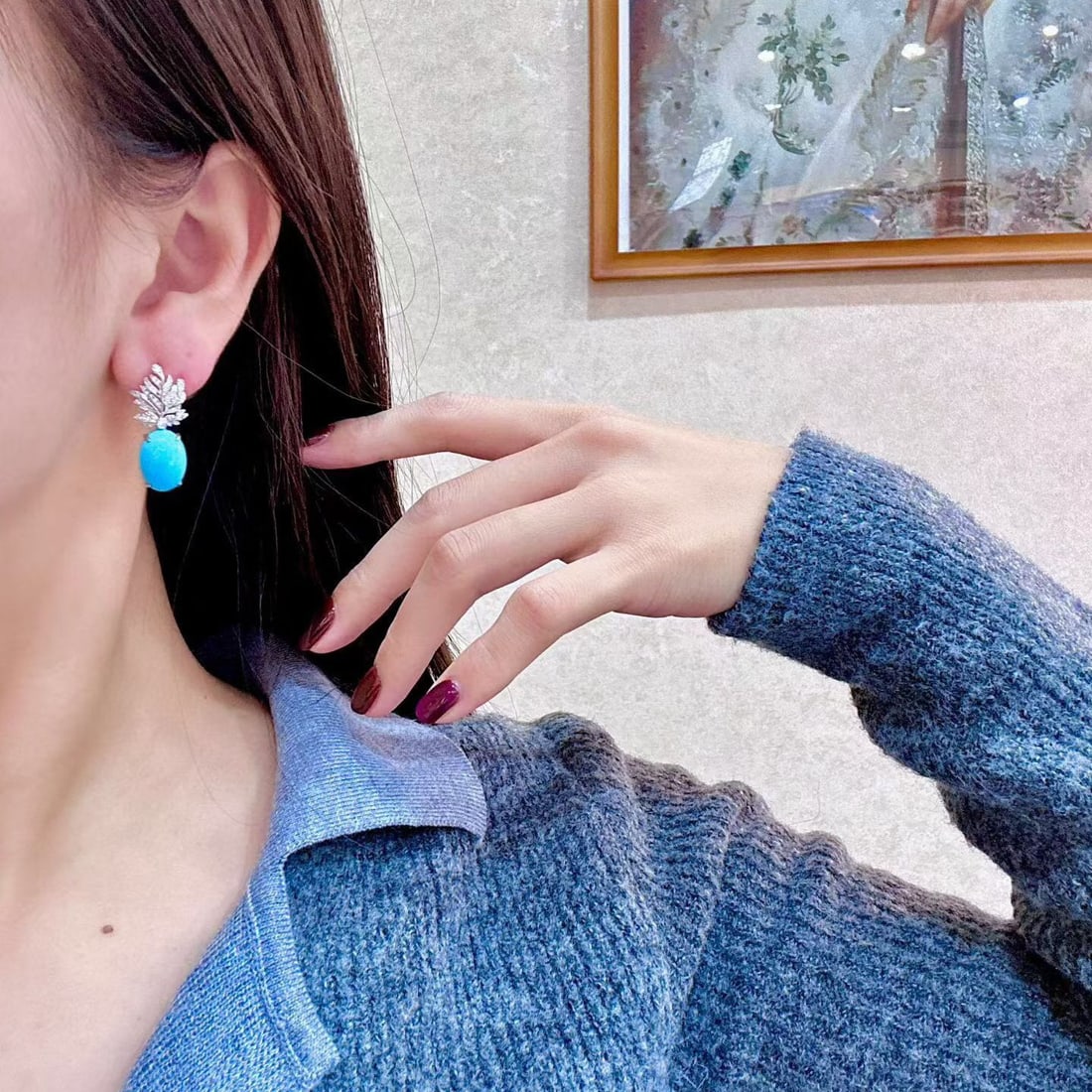 14k Gold 11.01 Ctw Natural Blue Turquoise & Diamond Earrings - 3