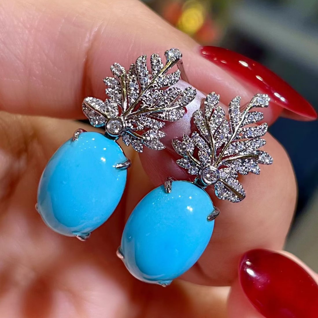 14k Gold 11.01 Ctw Natural Blue Turquoise & Diamond Earrings - 4