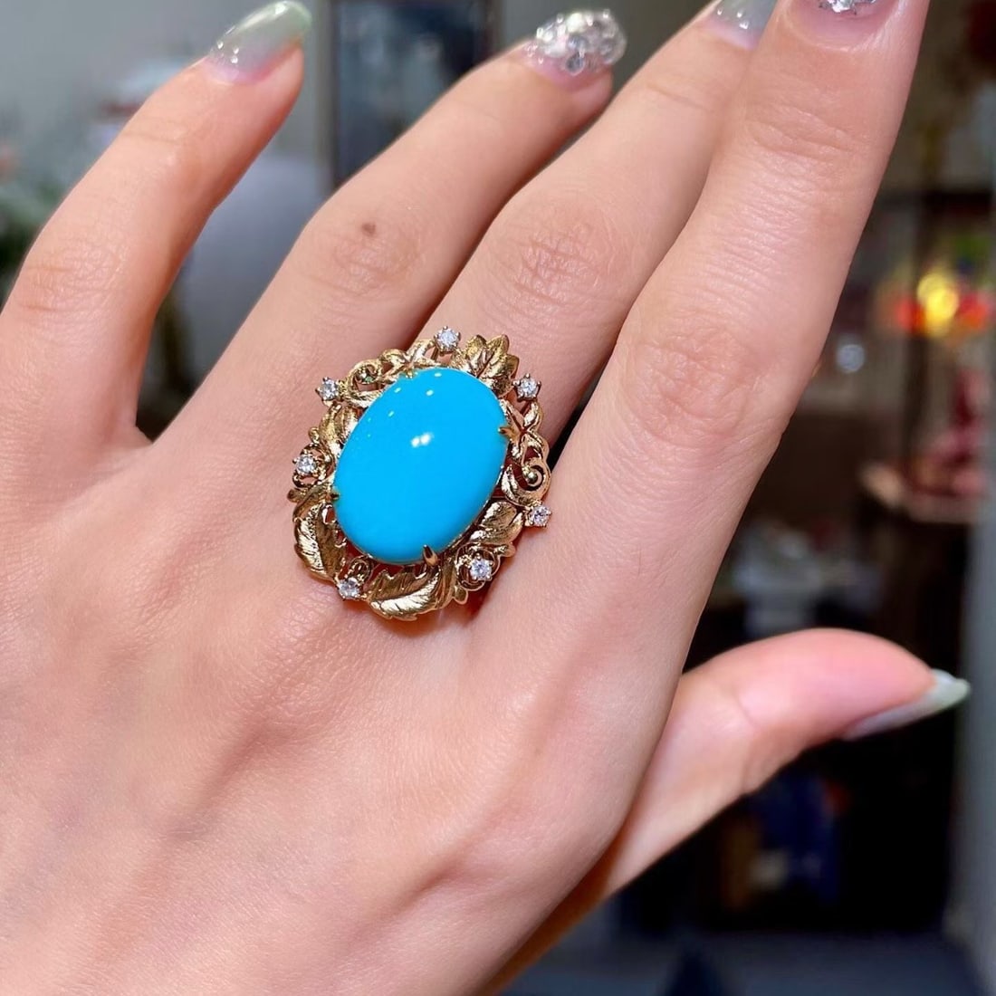 14k Gold 9.36 Ctw Natural Blue Turquoise & Diamond Ring - 4