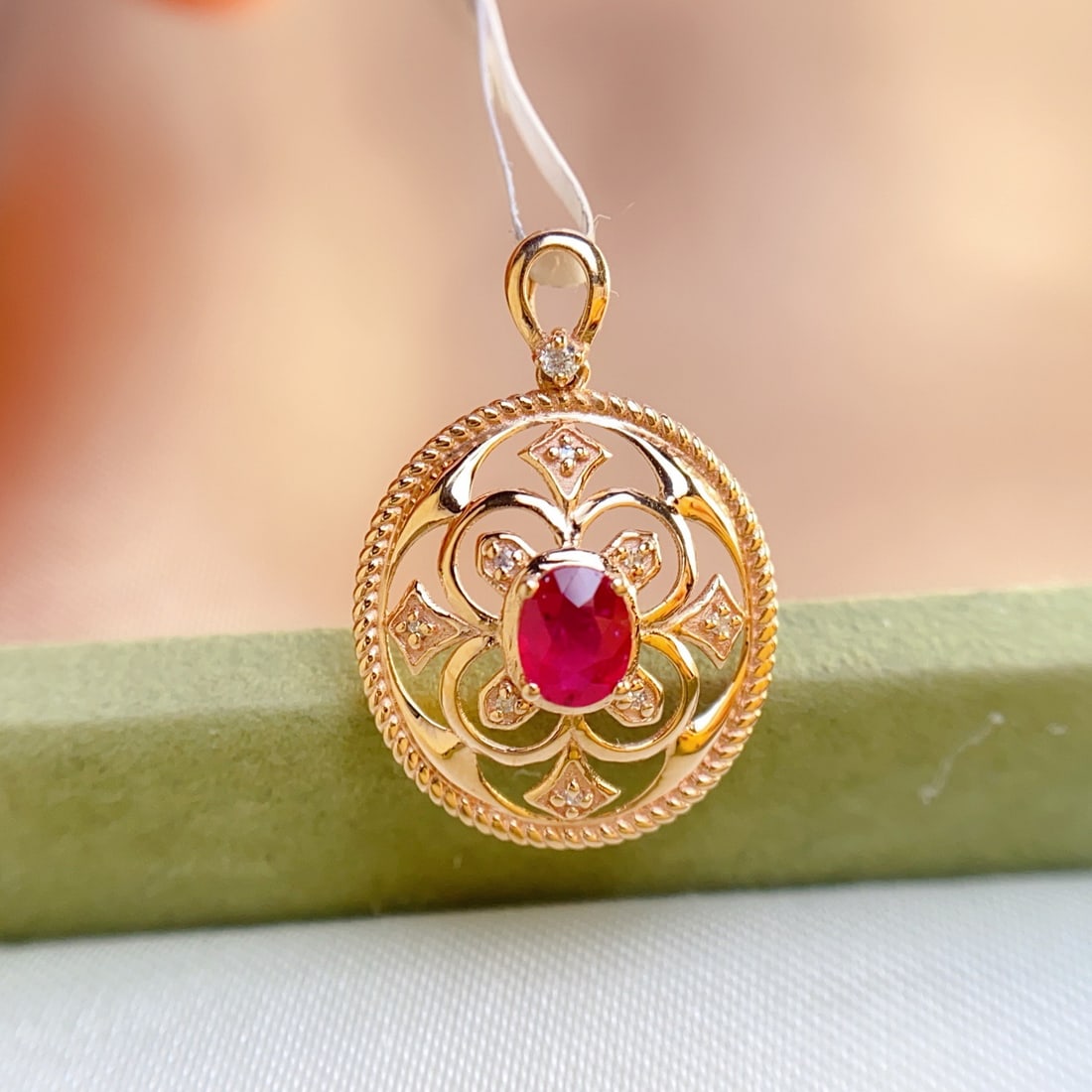 14k Gold 0.35 Ct Natural Ruby & Diamond Pendant( Without Chain ) - 3