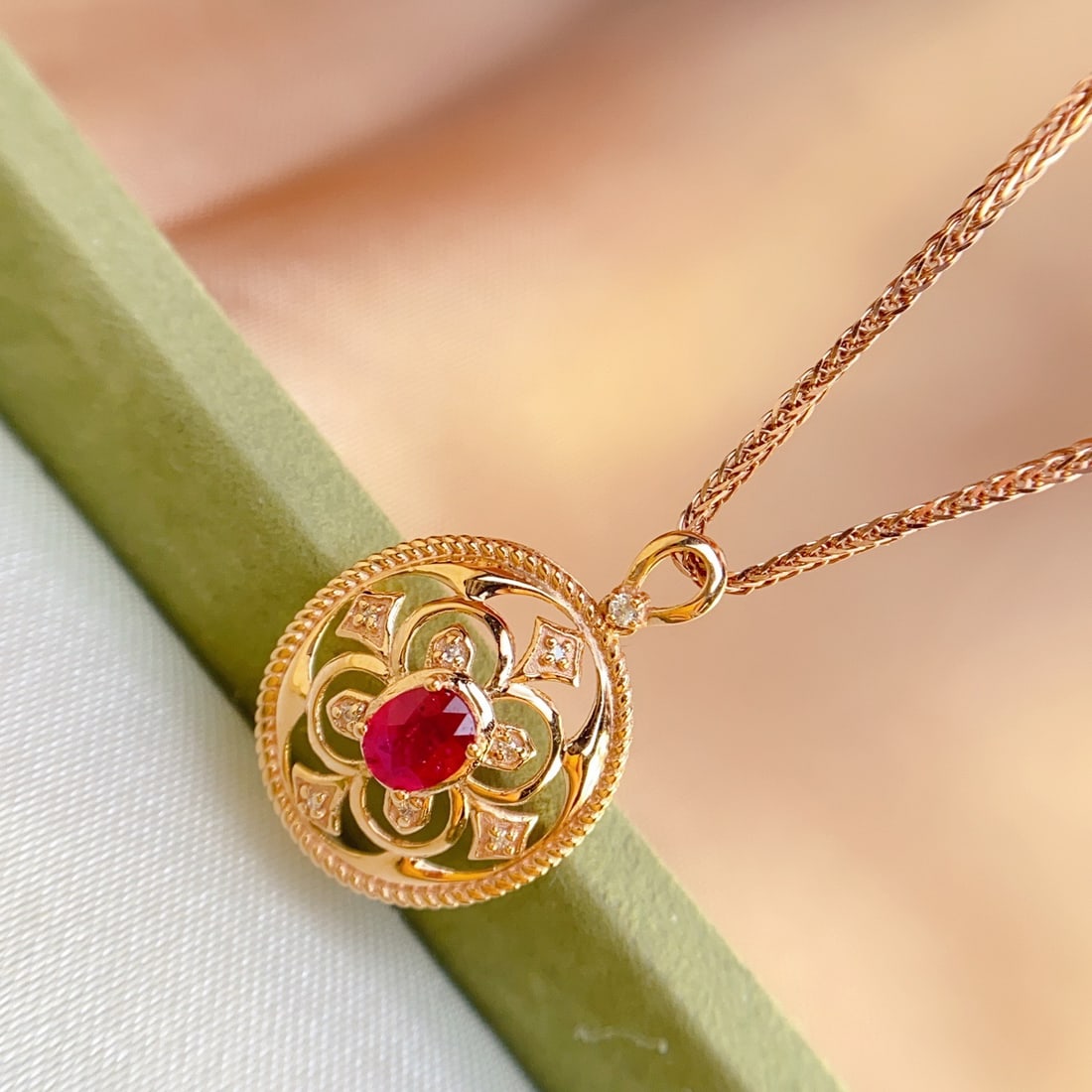 14k Gold 0.35 Ct Natural Ruby & Diamond Pendant( Without Chain ) - 4